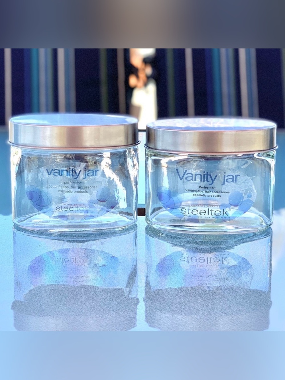 Steeltek Glass Oval Vanity Jars with Stainless Steel Lids ~ Set of 2 - Picture 2 of 4